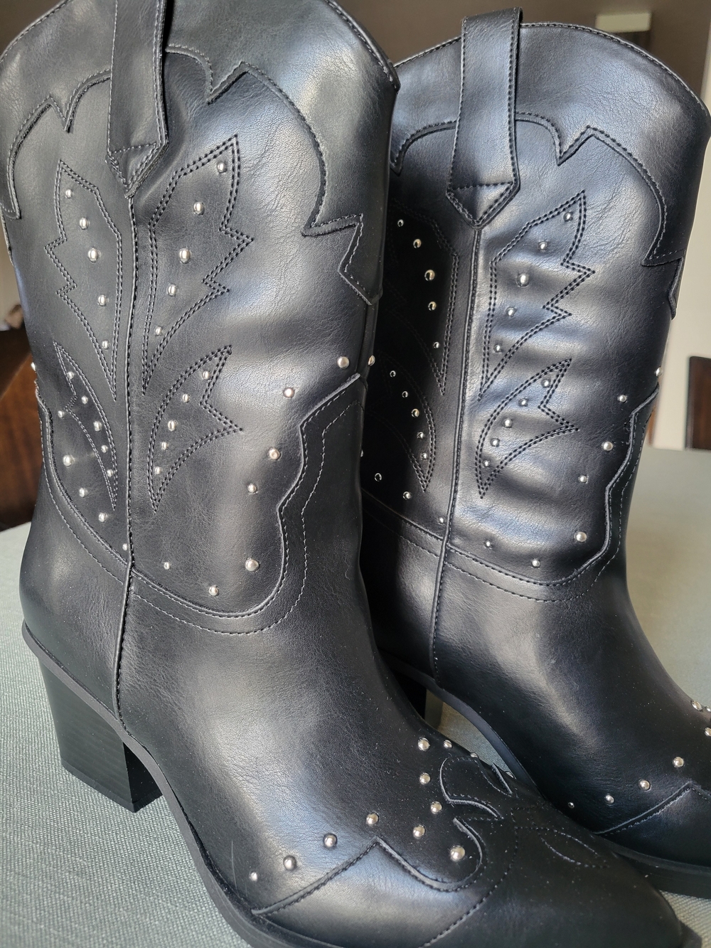 SO Black Studded Western Mid-Calf Heeled Boots